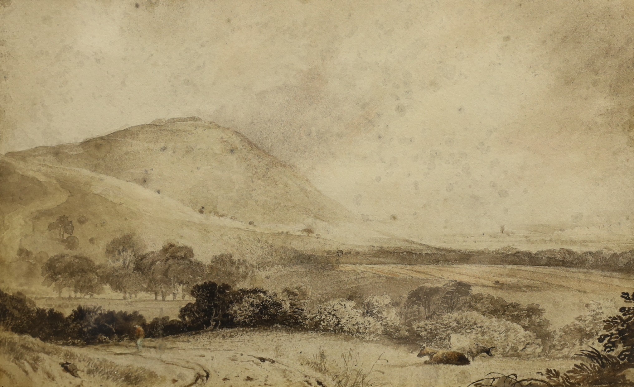 Anthony Van Dyke Copley Fielding (1787-1855), monochrome watercolour, 'The Castle Hill, Folkestone', signed, 20 x 32cm